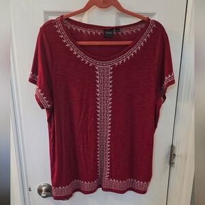 Rafaella Red Short Sleeve Top with White Embroidery, Size XL (1205)